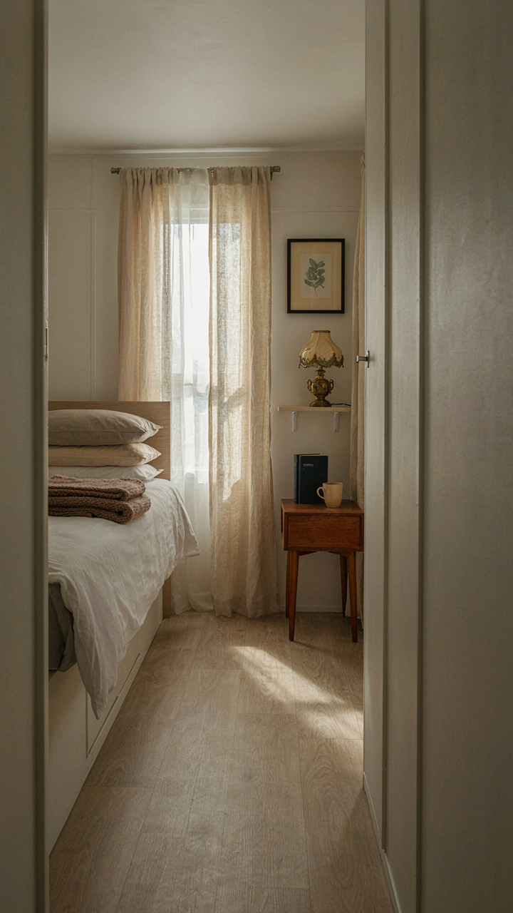 A simple RV bedroom with functional furniture and a contrasting old lamp.