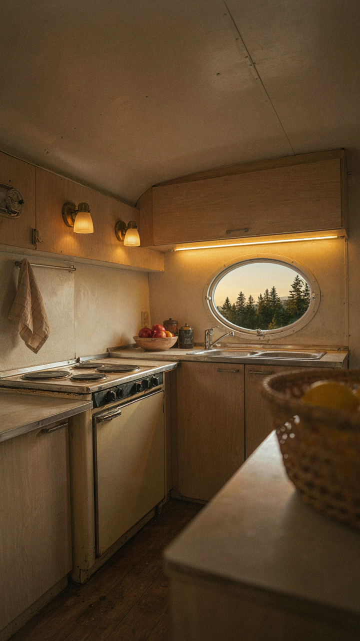 A vintage camper kitchen feels larger and inviting due to smart lighting.