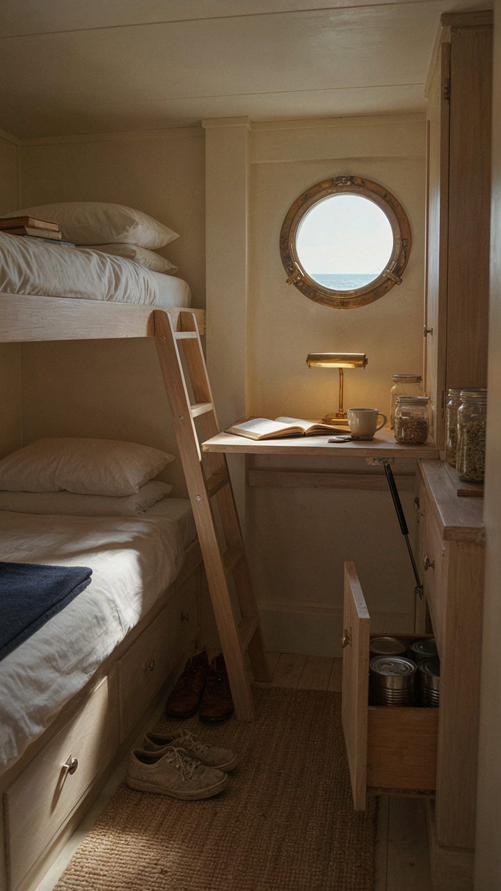 A small ship's cabin has smart, space saving furniture.
