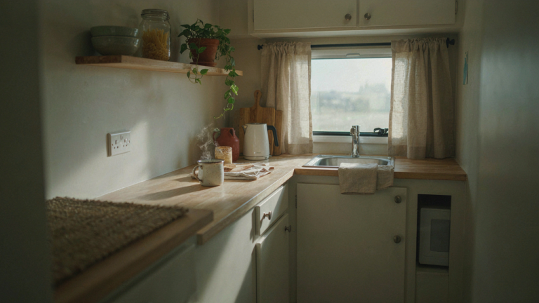 A sparkling clean and organized RV kitchen with natural light.