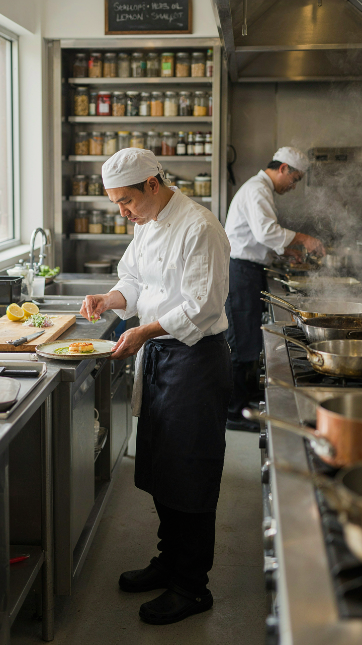A chef works in a professional kitchen with ingredients moving between areas.