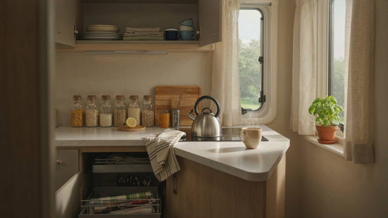 A perfectly organized RV kitchen showing smart storage solutions and space-saving items.
