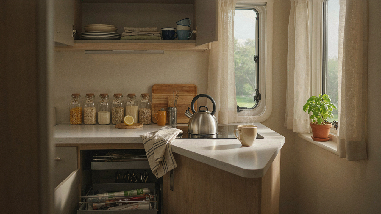 A perfectly organized RV kitchen showing smart storage solutions and space-saving items.