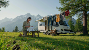 An RV parked in mountains with clothes drying on a line, showing rv laundry hacks.