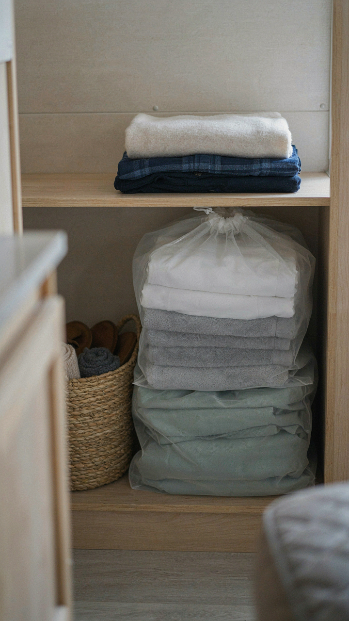 Neatly folded laundry stored in mesh bags inside an RV.