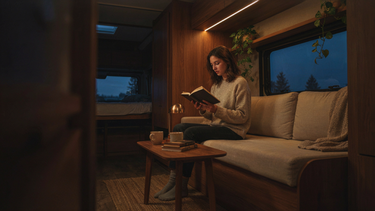 A warm, inviting RV interior at dusk with strategically placed LED lights.