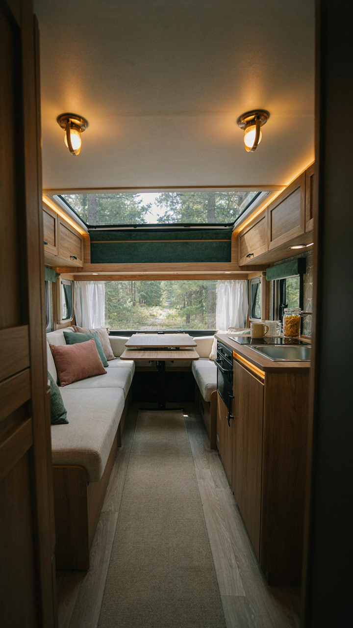 A small RV interior appears larger due to good rv lighting upgrade.