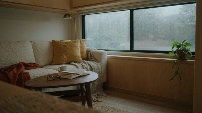 A warm and inviting RV living room on a rainy day, showing cozy rv living room ideas.