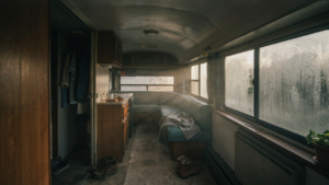 A foggy RV interior with condensation on windows, showing rv moisture control challenges.