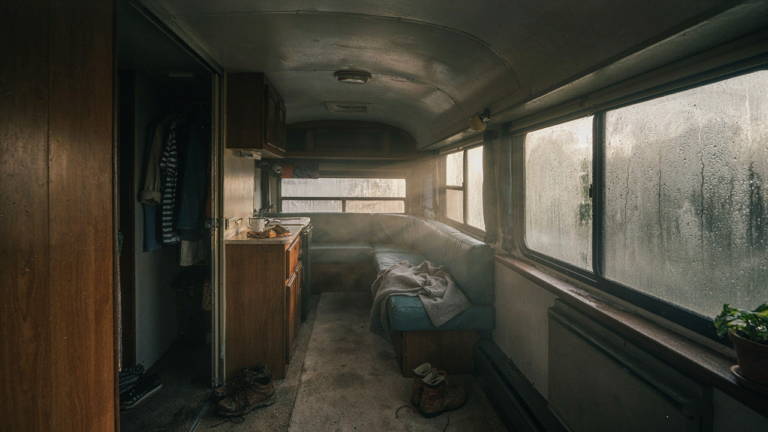 A foggy RV interior with condensation on windows, showing rv moisture control challenges.