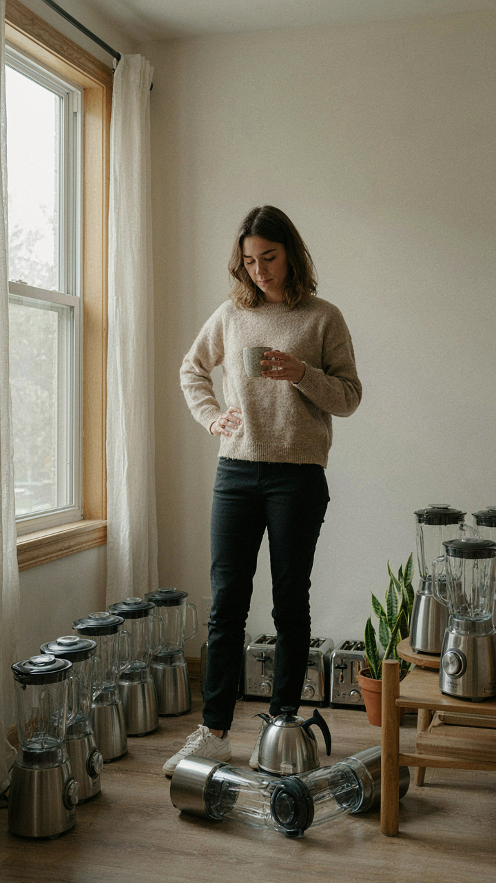 A person stands in a small room filled with many duplicate kitchen gadgets.