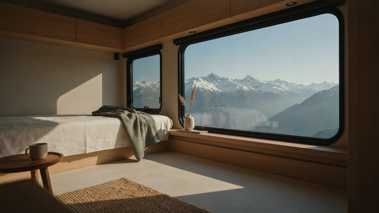 A clean, modern RV interior with a mountain view, showcasing ideal rv organization.