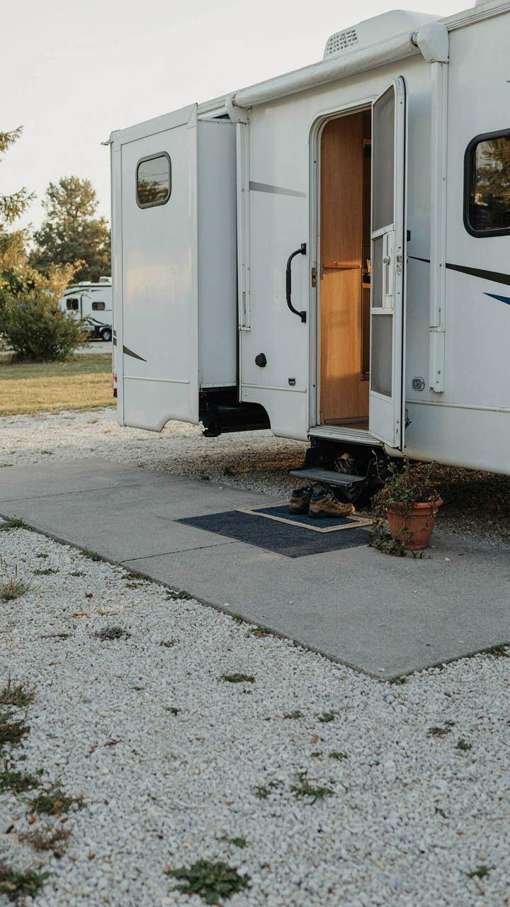 Zones around an RV entryway, from gravel to clean doormat.