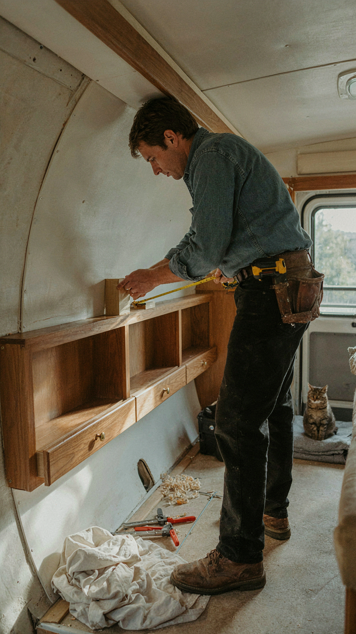 A carpenter builds a custom shelf inside a small RV.