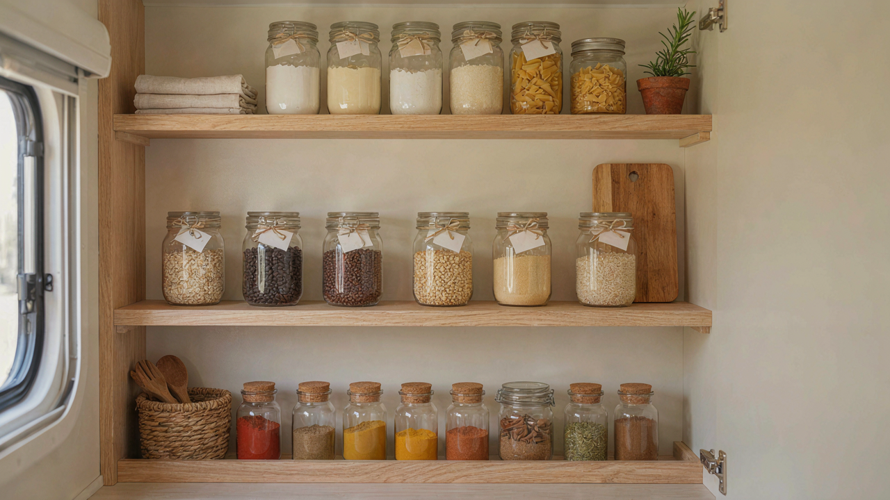 A well-organized RV pantry with clear containers, dry goods, and spices.