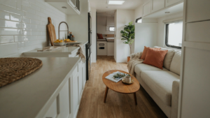 A bright, updated RV interior with peel and stick flooring and a fresh kitchen backsplash.