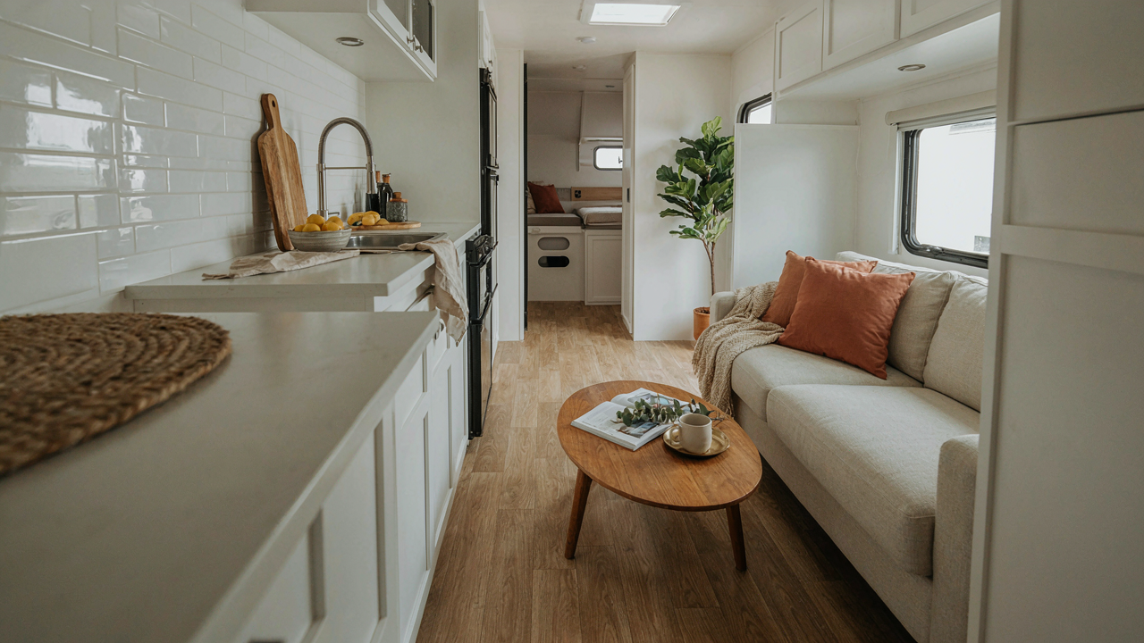 A bright, updated RV interior with peel and stick flooring and a fresh kitchen backsplash.