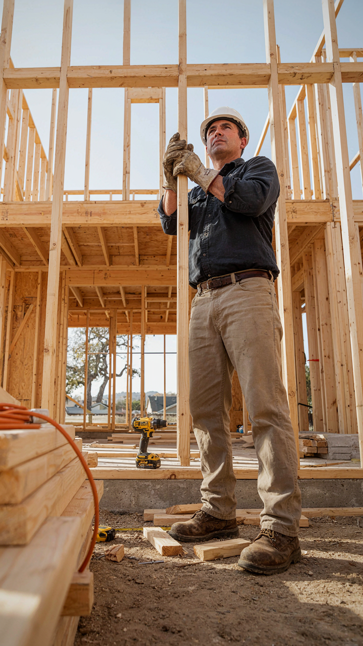 A construction worker places a final support beam in a house frame.