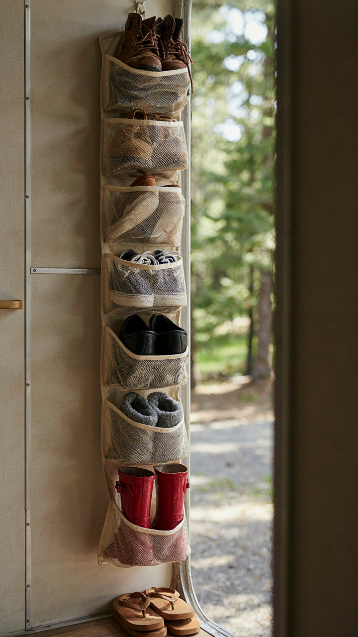 Vertical shoe organizer inside an RV door, keeping shoes off the floor.