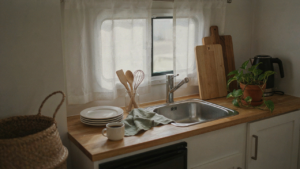 A tidy RV kitchen counter shows small appliances and an RV sink, hinting at efficient use of space.