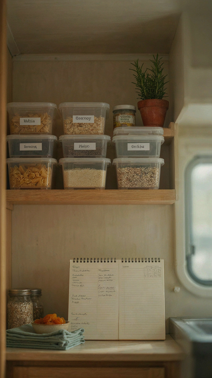 An organized RV pantry with labeled bins for pre-planned meals.
