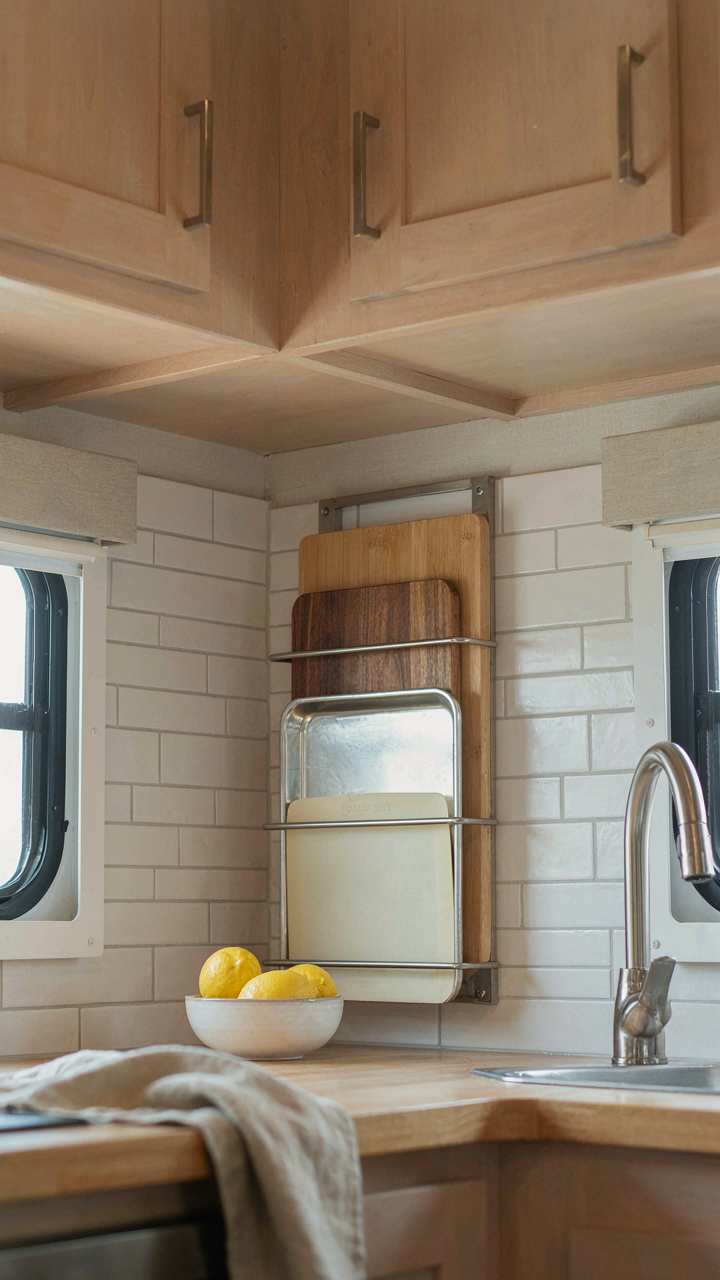 A vertical magazine rack on an RV kitchen wall holds cutting boards.