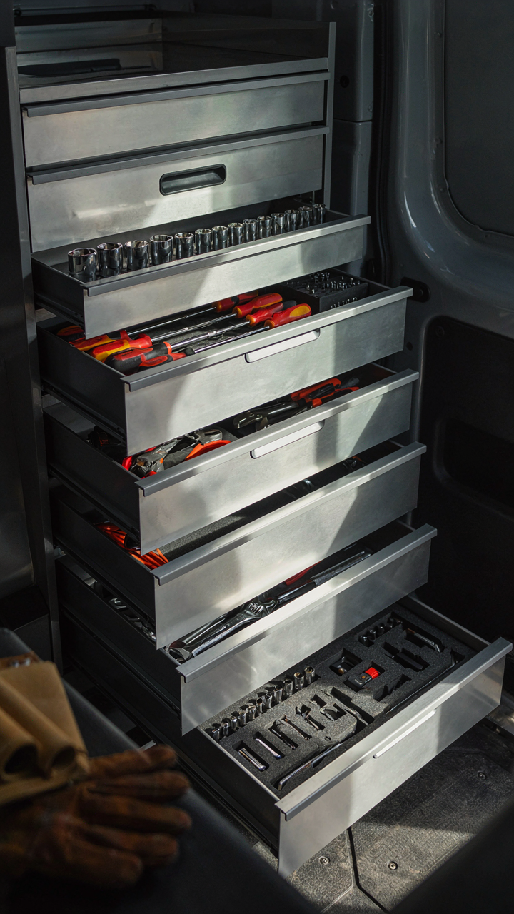 A custom-built drawer system for tools inside a work van.