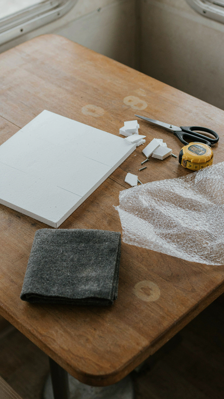 Different types of RV window insulation materials are on a table.