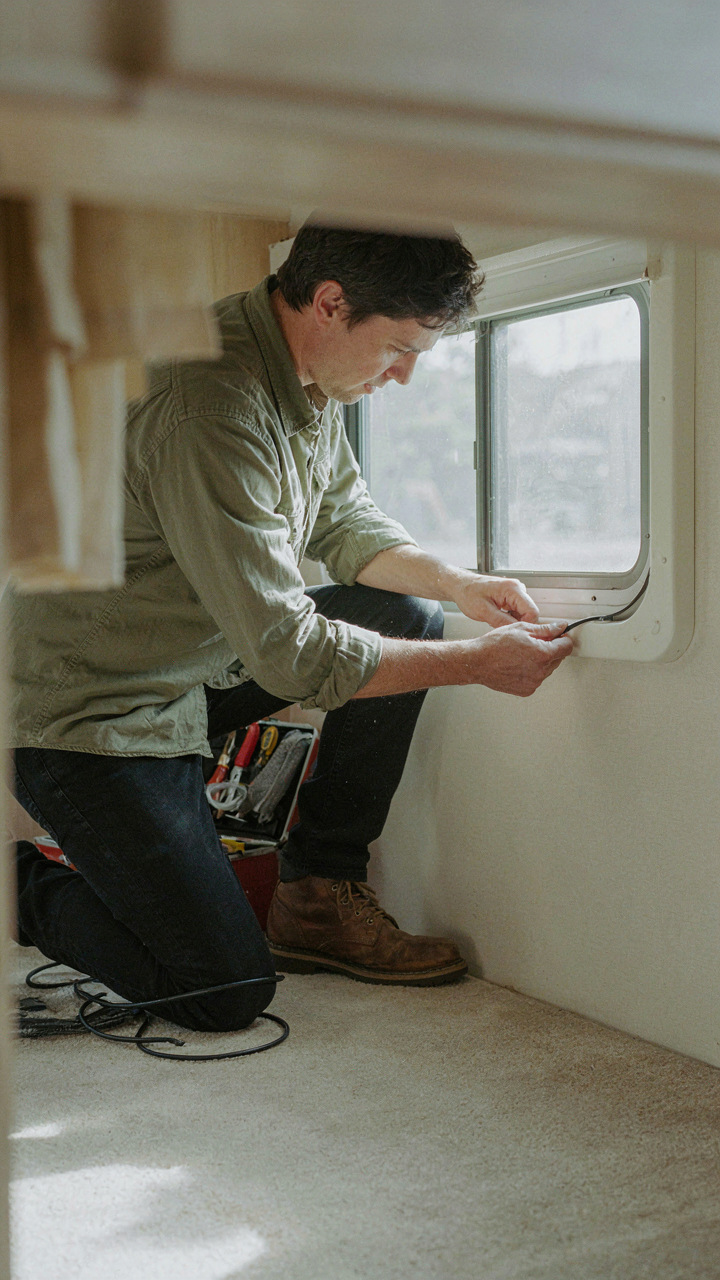 A person seals the edges of an RV window frame with weatherstripping.