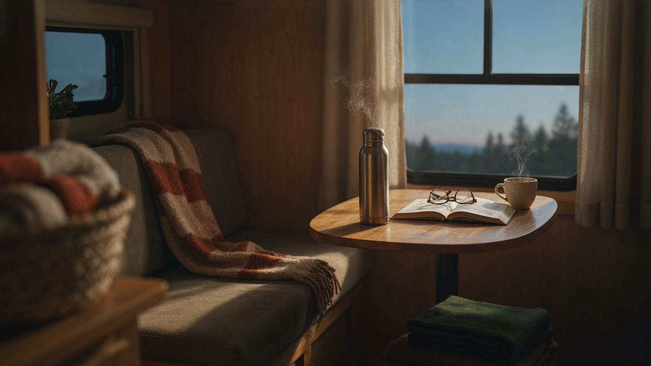 A warm RV interior with a window, a thermos, and a book on a table.