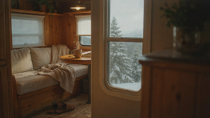 A warm and inviting RV interior during winter, with snow outside.