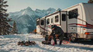 A person winterizes an RV in a snowy mountain landscape.