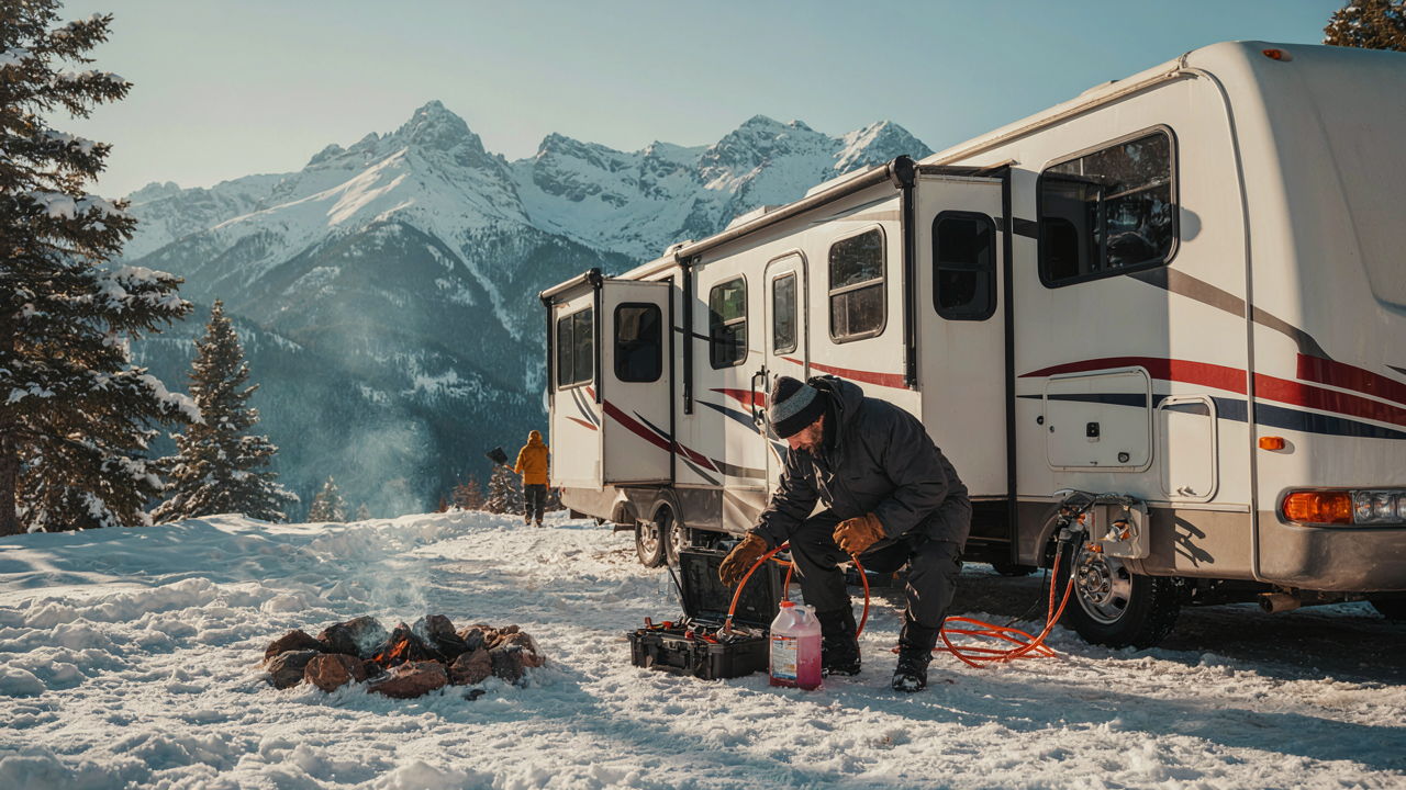 A person winterizes an RV in a snowy mountain landscape.