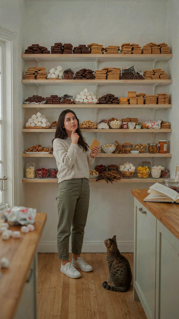 A person stands still, confused by too many s'mores options.