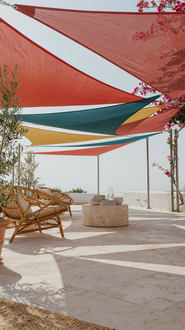 Colorful sail shades stretch over an outdoor dining area.
