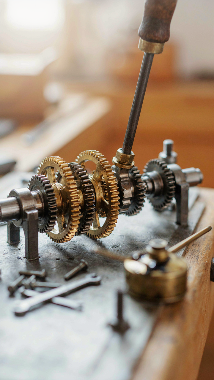 A complex machine shows many interconnected gears and levers working together.