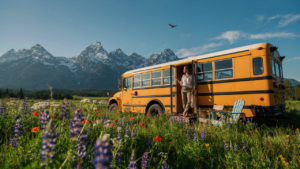 A converted school bus, gleaming under sunlight, parked in a green meadow.