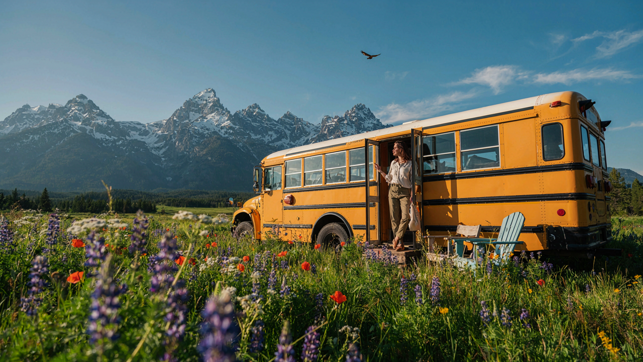 A converted school bus, gleaming under sunlight, parked in a green meadow.