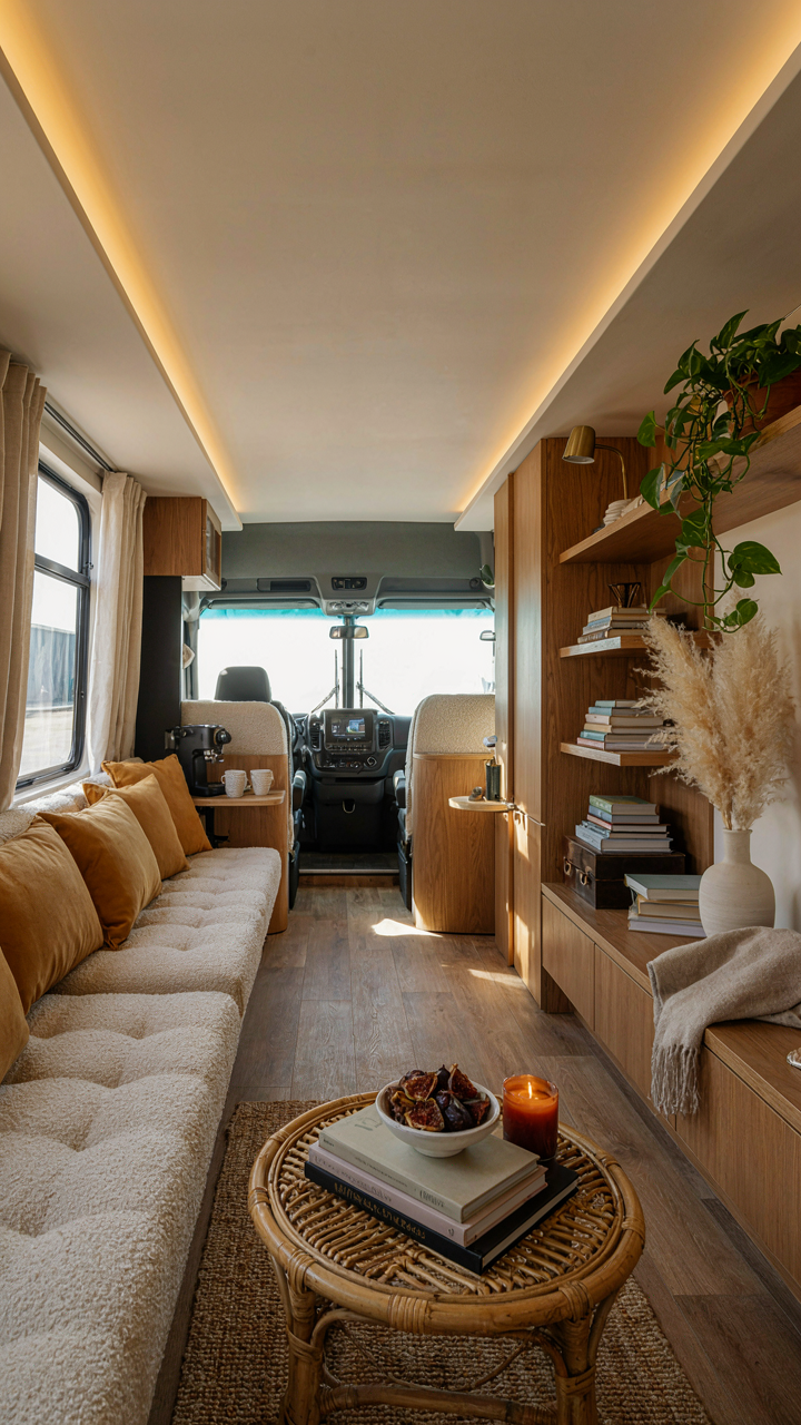 A perfectly staged bus conversion interior looks like a magazine advertisement.