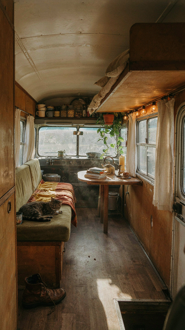 A rustic, functional bus conversion interior shows durable materials and real use.