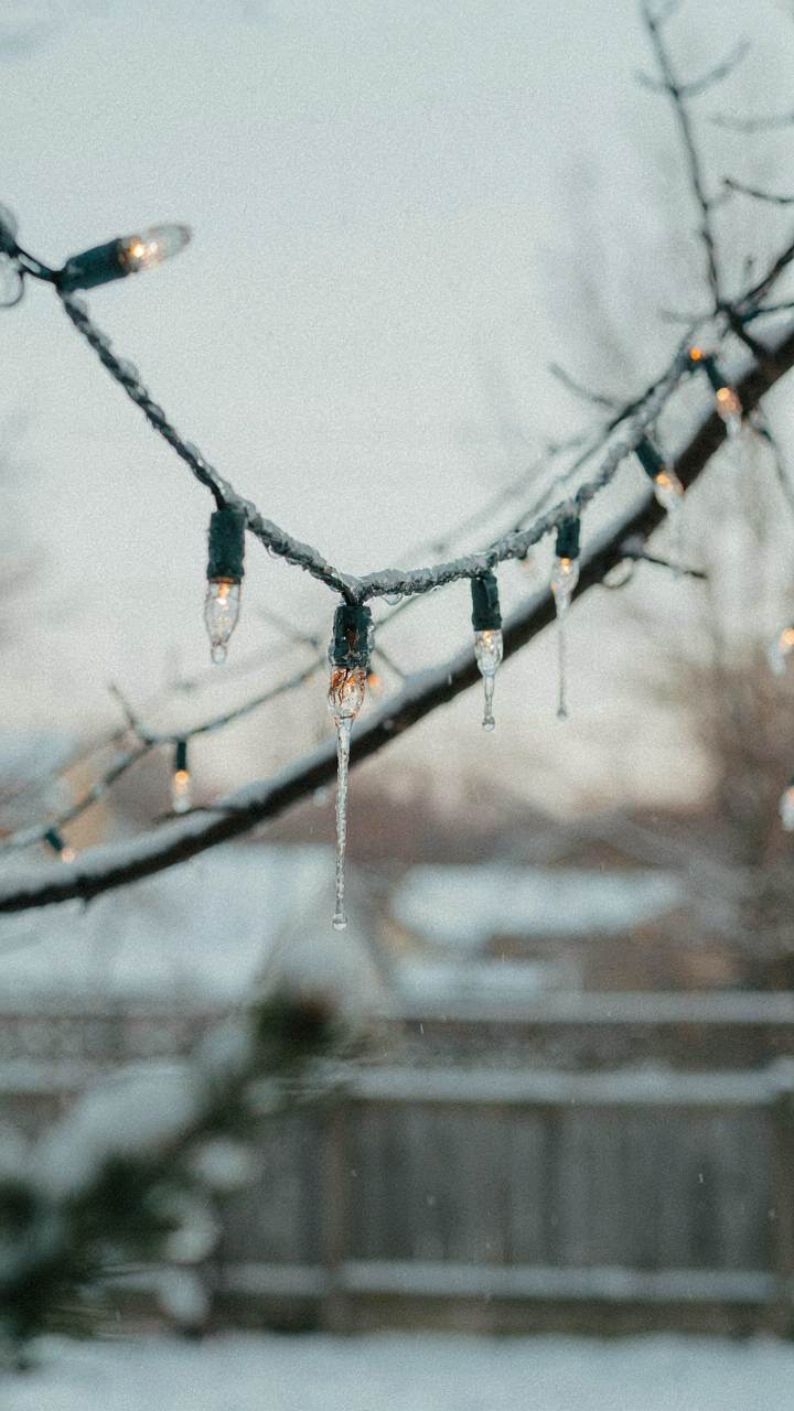 A frozen string of LED lights shows ice and moisture damage in winter.