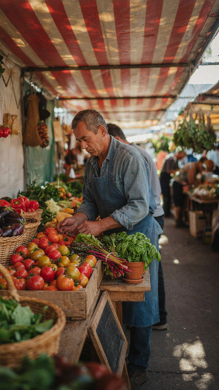 A farmer's market stall overflowing with fresh seasonal fruits.