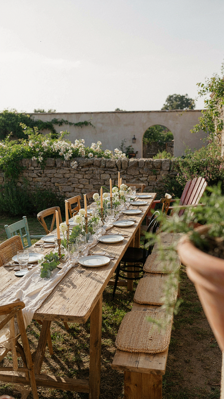 An outdoor table with both chairs and a long bench.