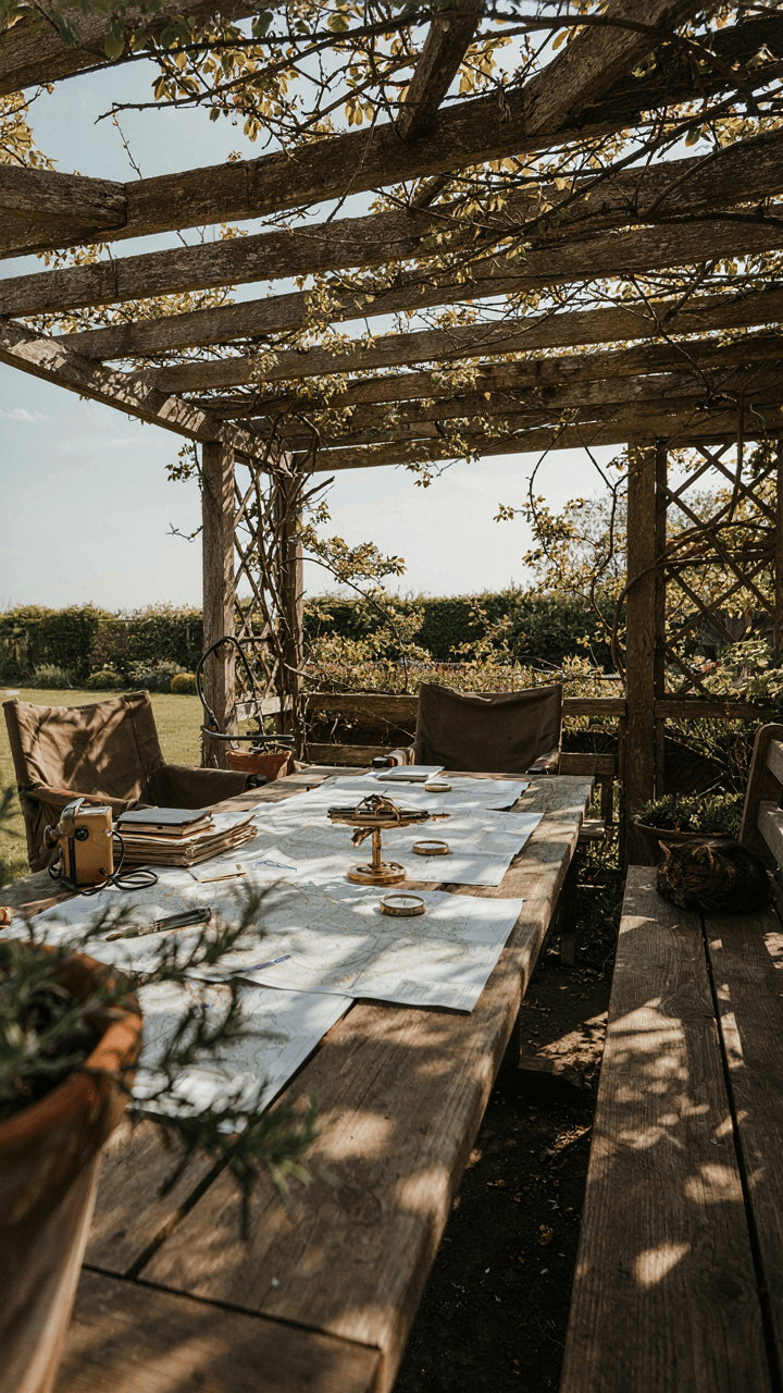 An outdoor pergola seating area is set up like a military command post.