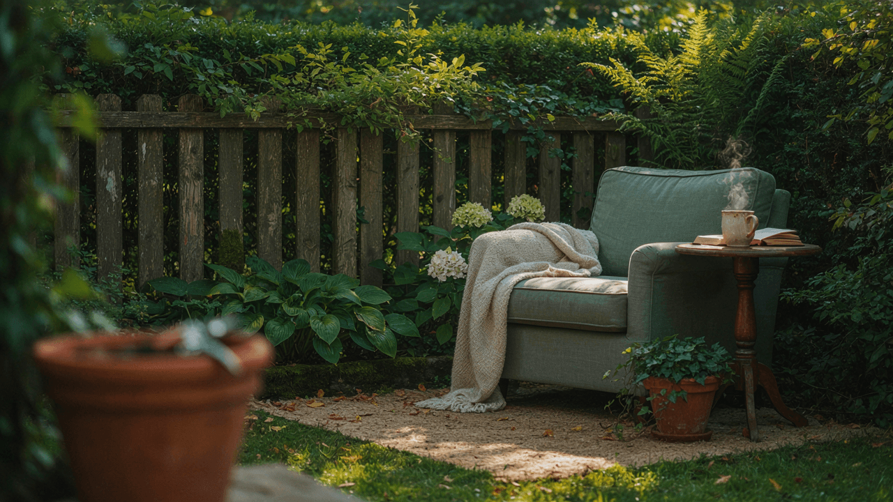 A cozy, secluded secret garden seating spot behind a fence with an armchair and mug.