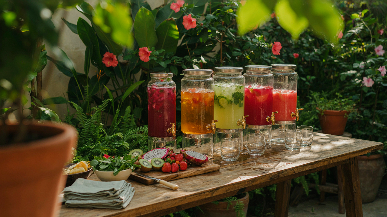 A colorful self serve drink bar with various beverages and fruit in a sunny garden setting.