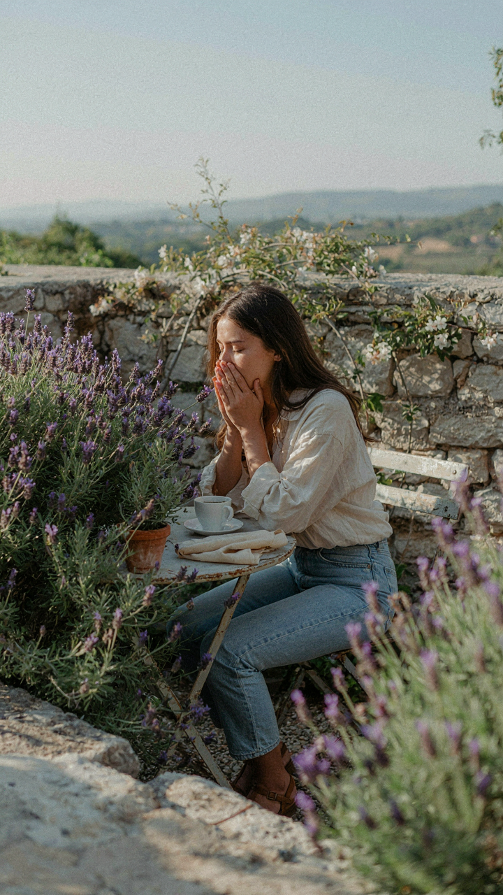 A person smells a blooming lavender bush next to a small table.