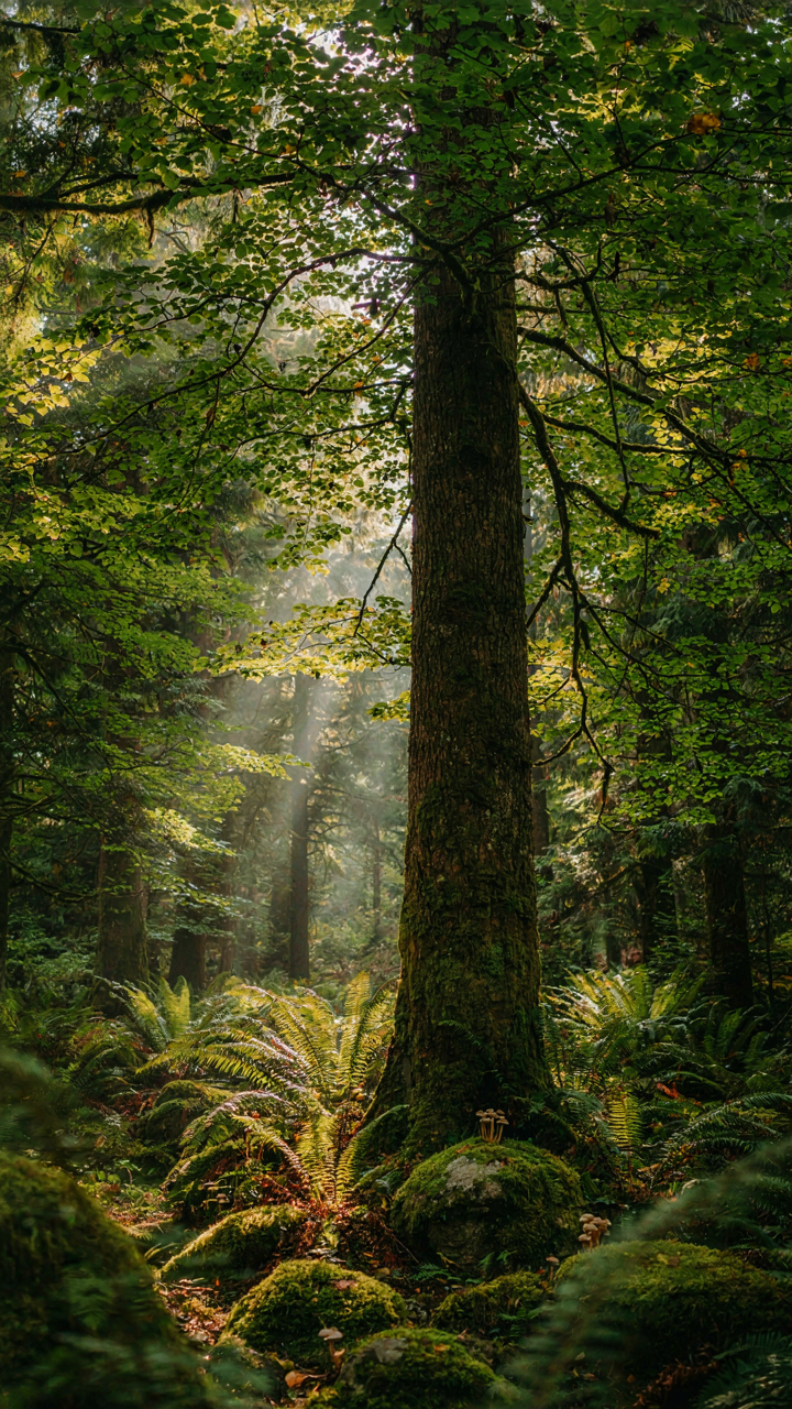 A serene forest interior with sunlight filtering through trees.