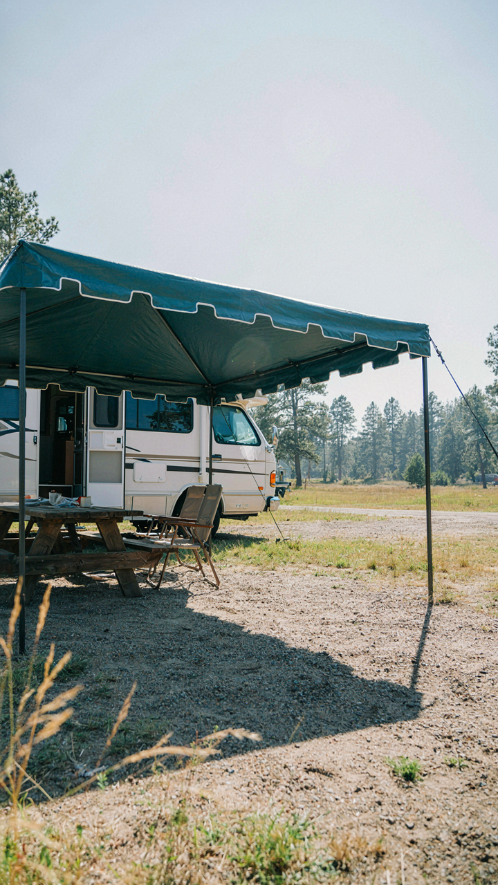 An RV is parked completely under a large, dark green portable awning.