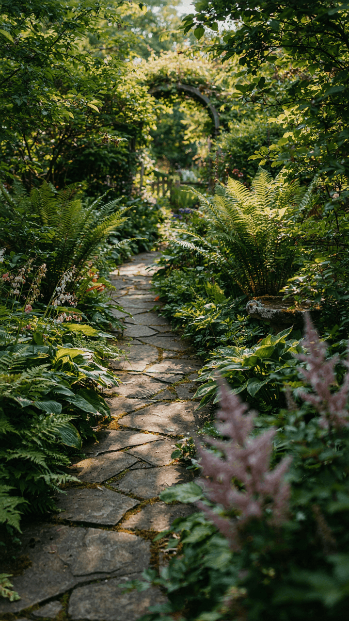 A winding path through a naturally evolving shady garden with diverse plants.